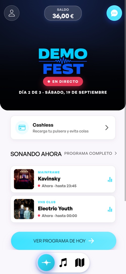 Pantalla de inicio de la superapp de Nevent en beta con la agenda y el saldo cashless del festival